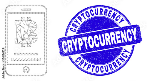 Web mesh bitcoin mobile account pictogram and Cryptocurrency seal. Blue vector rounded distress seal stamp with Cryptocurrency text.