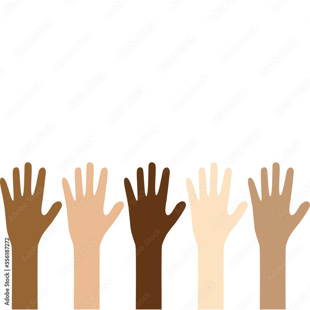 Different skin tone of many hands raised up.