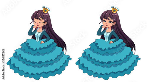 Pretty little princess with black hair and tan skin wearing cyan ball dress.