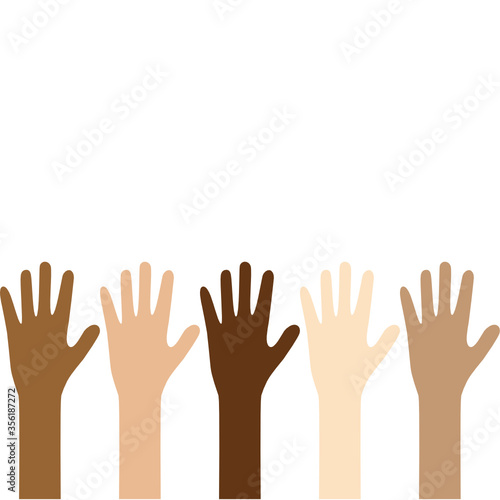 Different skin tone of many hands raised up.