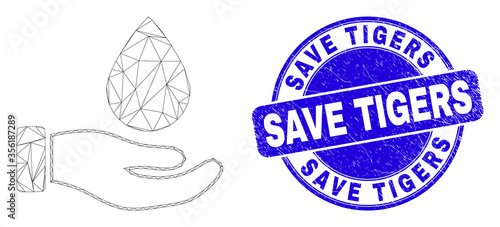 Web mesh blood donation hand icon and Save Tigers seal stamp. Blue vector rounded grunge seal stamp with Save Tigers caption. Abstract frame mesh polygonal model created from blood donation hand icon.