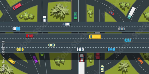 City transport top view .Cars, buses, trucks on the road .Highway vector illustration.