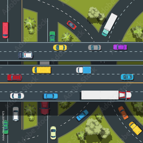 Top view of Highway road junctions.City transport top view .Landscape with trees top view.Cars, buses, trucks on the road .vector illustration.