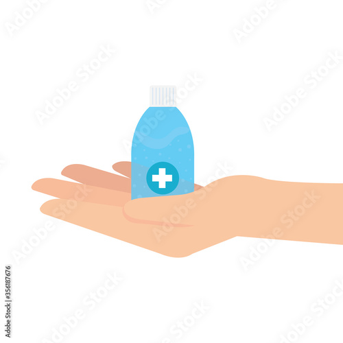 Hand holding hands sanitizer bottle with hands design, Disinfects clean antibacterial and hygiene theme Vector illustration