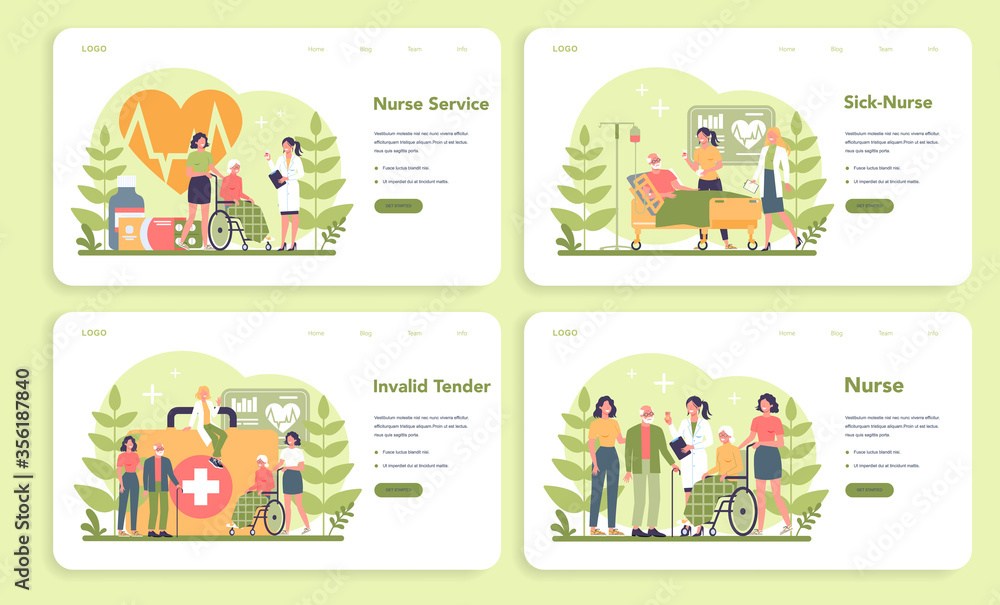Fototapeta premium Nurse service web banner or landing page set. Medical occupation