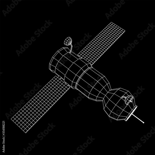 Space station communications satellite. Wireframe low poly mesh vector illustration.