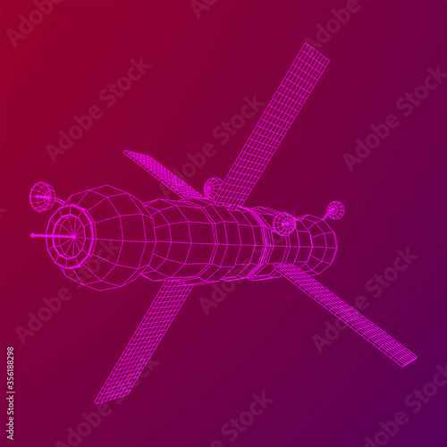 Space station communications satellite. Wireframe low poly mesh vector illustration.