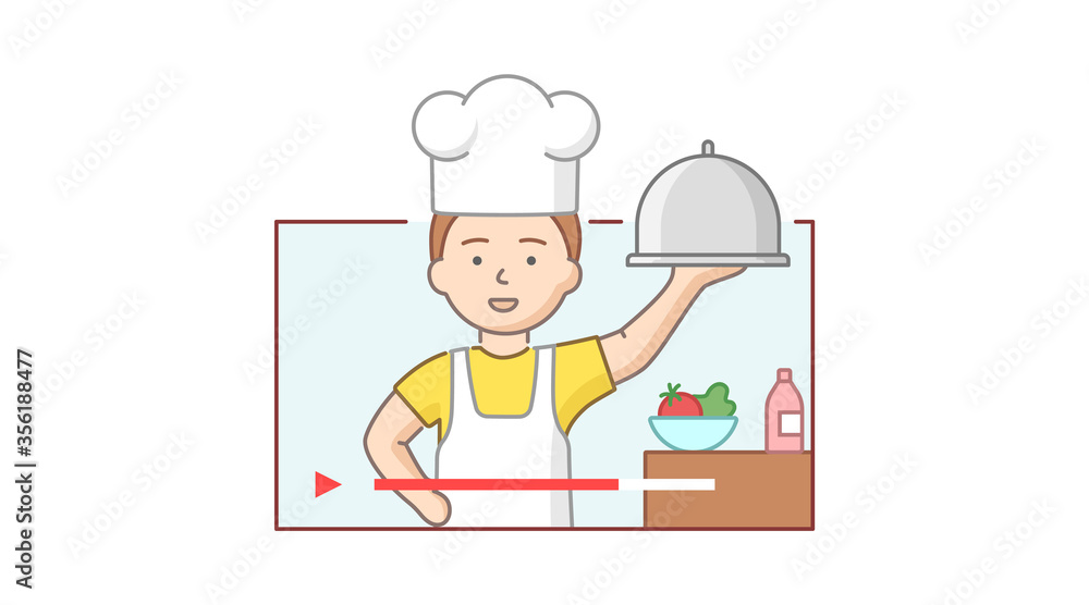Culinary Vlog Concept. Professional Chef In Uniform Cooking Meal And Record Video. Character Shows Dish Holding It In Hand In Culinary Studio. Cartoon Linear Outline Flat Style. Vector Illustration Culinary Vlog Concept. Professional Chef In Uniform Cooking Meal And Record Video. Character Shows Dish Holding It In Hand In Culinary Studio. Cartoon Linear Outline Flat Style. Vector Illustration