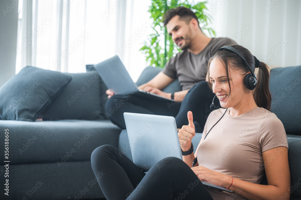 work from home concept, New normal ways of life couples working from the bedroom at home. Working guidelines for preventing the spread of the virus work from home concept, New normal ways of life couples working from the bedroom at home. Working guidelines for preventing the spread of the virus