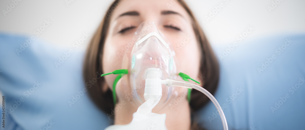 Woman Patient Wearing Oxygen Mask Sleeping On Hospital Bed Pre Oxygenation For General 