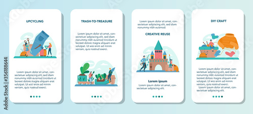 Upcycling mobile application banner set. Eco tips for reducing waste.