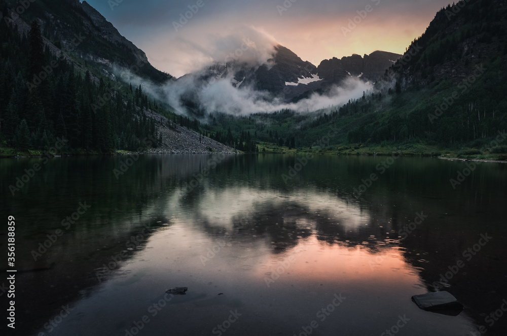 The Maroon Bells seen from Maroon Lake at sunrise, Colorado