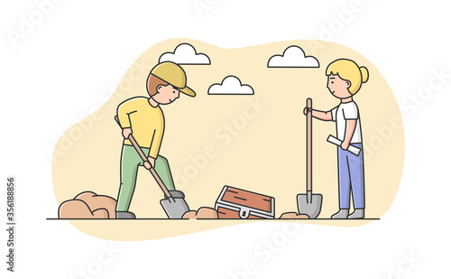 Concept Of Ancient Artifacts And Finding Treasure. Characters Making Excavation Of Ancient Animals Remains. Archeologists Exploring Ancient Culture. Cartoon Linear Outline Flat Vector Illustration