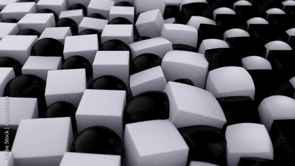 3D animation of a black and white background with many geometric shapes ...