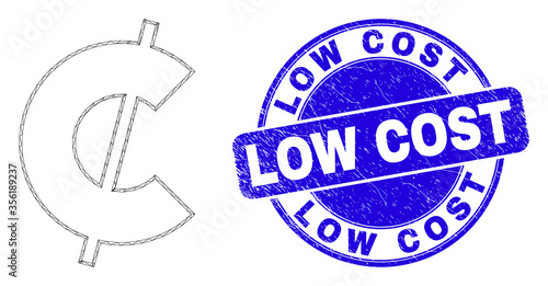 Web mesh cent pictogram and Low Cost watermark. Blue vector rounded textured watermark with Low Cost title. Abstract carcass mesh polygonal model created from cent pictogram.