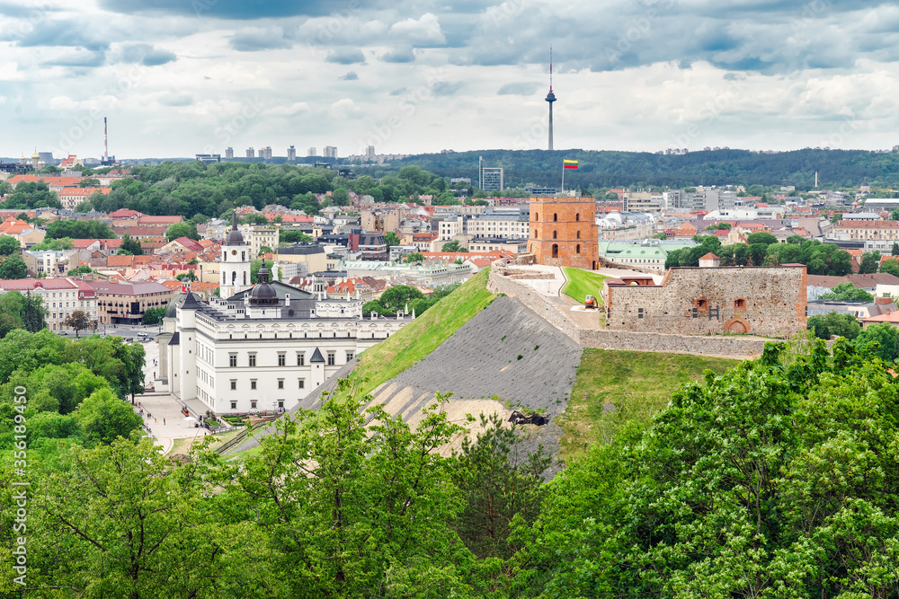 View of Vilnius from the Hill of the Three Crosses, Lithuania.On the right - the ruins of the upper castle with the Gediminas Tower, behind them - TV tower. On the left - the Palace of the Rulers