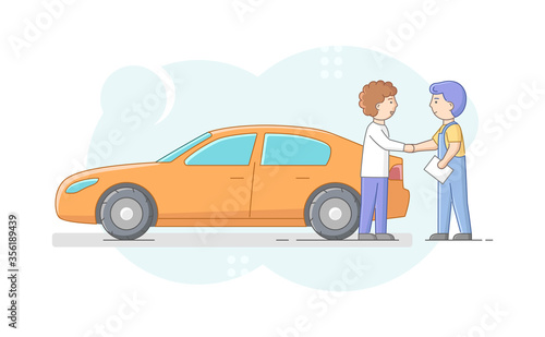 Car Repair Shop Concept. Cheerful Mechanic In Uniform And Satisfied Car Owner Are Shaking Hands. Repairman Presents Made Job With Customer Vehicle. Cartoon Linear Outline Flat Vector Illustration