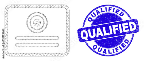 Web mesh certificate pictogram and Qualified seal. Blue vector round scratched seal stamp with Qualified phrase. Abstract carcass mesh polygonal model created from certificate pictogram.