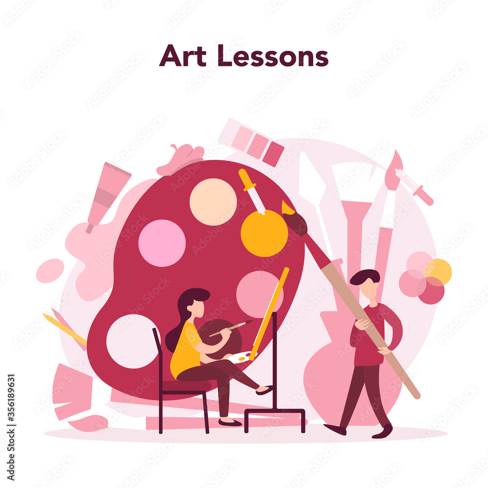 Obraz premium Art education. Male and female artist standing in front of big easel
