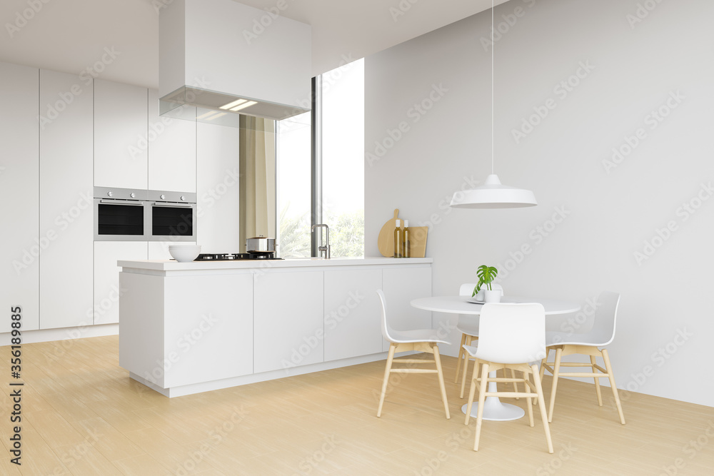 Fototapeta premium Side view of a modern kitchen with white walls, wooden floors, white countertops, table with chairs. 3d rendering.