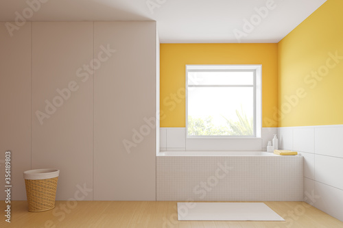 Yellow bathroom interior  a rectangular bathtub and a large window above it. 3d rendering.