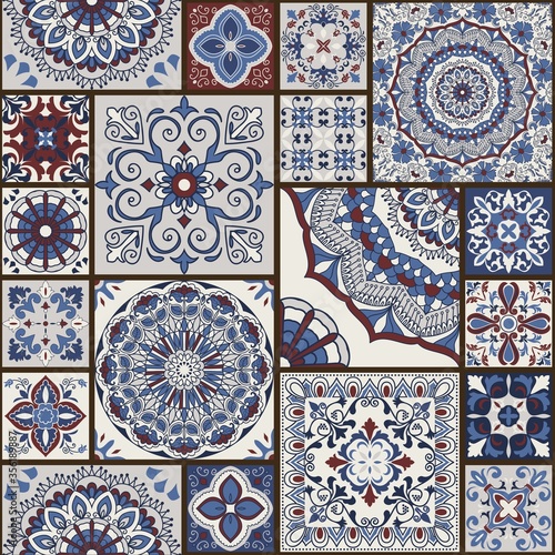 Seamless colorful patchwork tile with Islam, Arabic, Indian, ottoman motifs. Majolica pottery tile. Portuguese and Spain decor. Ceramic tile in talavera style. Vector illustration