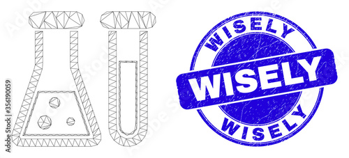 Web carcass chemical glassware icon and Wisely seal stamp. Blue vector round grunge seal stamp with Wisely message. Abstract frame mesh polygonal model created from chemical glassware icon.