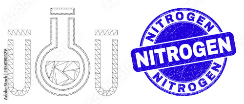 Web mesh chemical tubes pictogram and Nitrogen stamp. Blue vector rounded textured seal stamp with Nitrogen title. Abstract carcass mesh polygonal model created from chemical tubes pictogram.