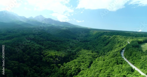 Aerial : High peak mountains and deep green forest