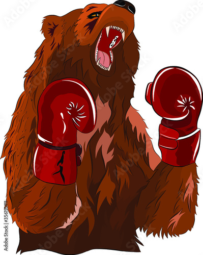 brown bear in red bokserskij gloves