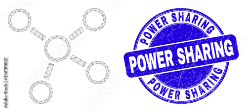 Web mesh connections pictogram and Power Sharing seal stamp. Blue vector round grunge seal stamp with Power Sharing caption. Abstract carcass mesh polygonal model created from connections pictogram.