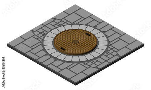 Rusty retro closed manhole on the cobblestone road isolated on white background.