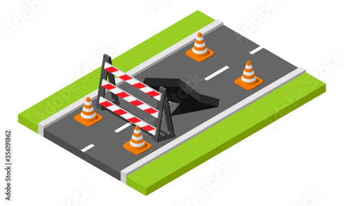 Isometric under construction barrier and traffic cones on the road. Road repair illustration.
