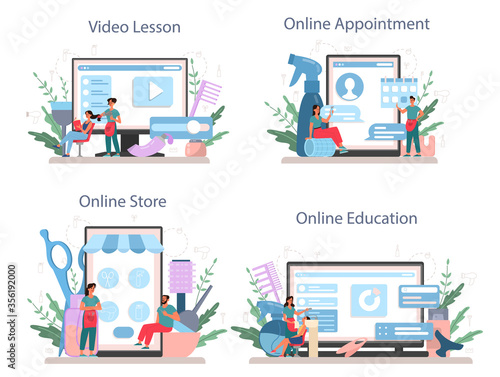 Hairdresser online service or platform set. Idea of hair care in salon.