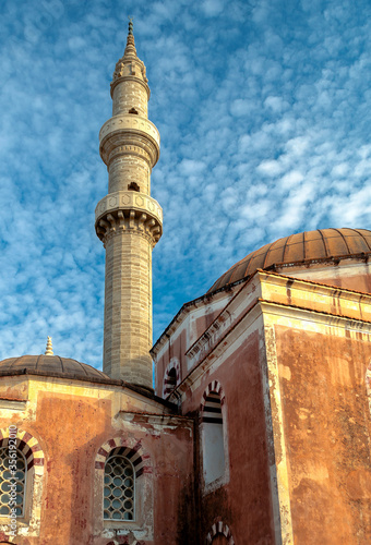 Ottoman Mosque with Minaret in the walled Old Town of Rhodes Town, Greece