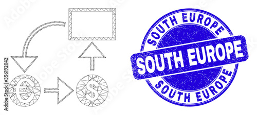 Web carcass currency conversion scheme icon and South Europe seal. Blue vector round textured seal stamp with South Europe message.