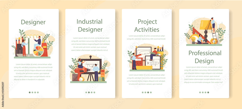 Industrial designer mobile application banner set. Artist creating