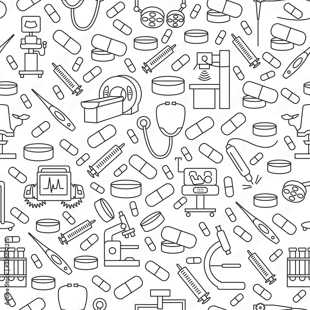 Seamless medical equipment pattern with line icon. Gray medical supplies icons on white background. Medical examination