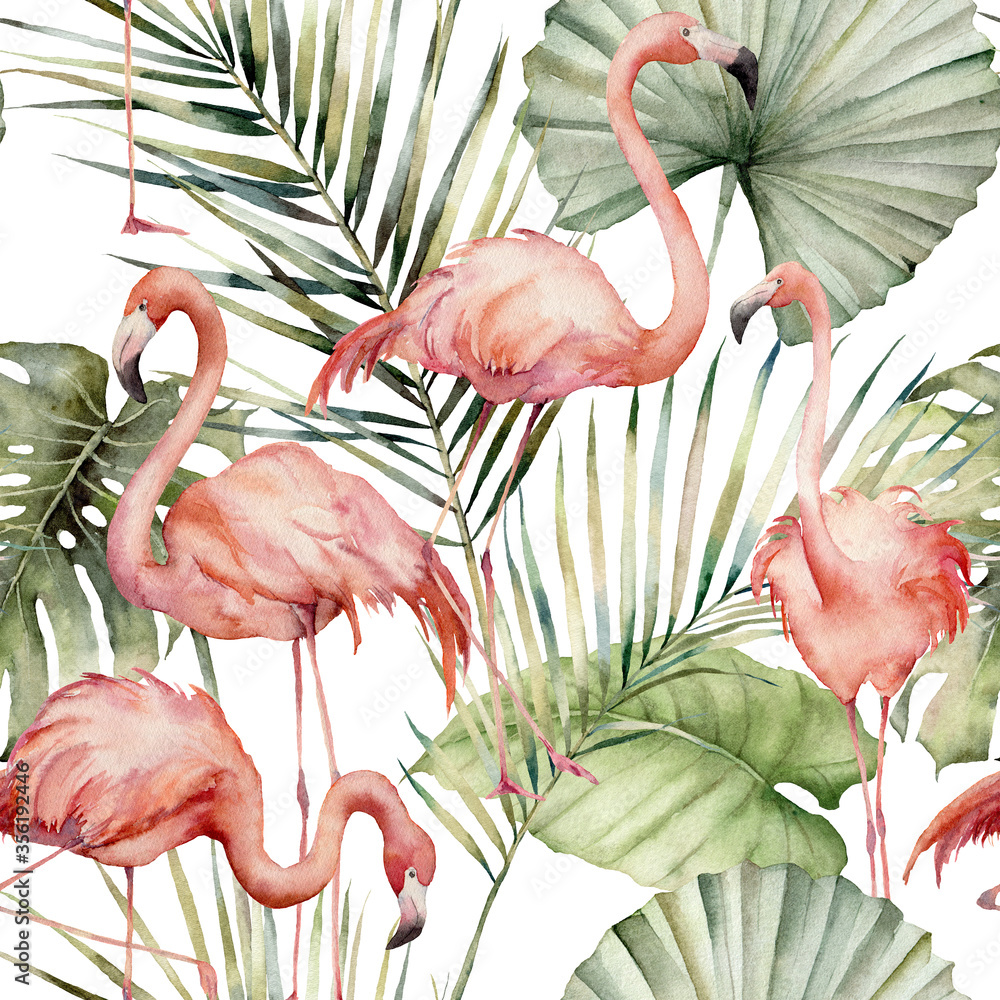 Gordijnen met Aquarel tropische naadloze patroon met roze flamingo en palmbladeren. Handbeschilderde vogels en junglebladeren. Floral illustratie geïsoleerd op een witte achtergrond voor ontwerp, print of achtergrond. #356192446