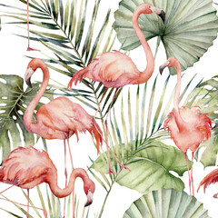 Wandcirkels Botanische print patronen Roze flamingo's tussen palmbladeren  © yuliya_derbisheva
