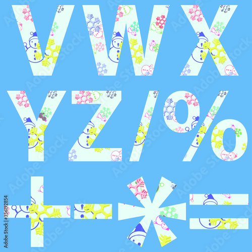 V W X Y Z alphabets and some basic mathematical symbols applied with snowman and ice flake graphics
