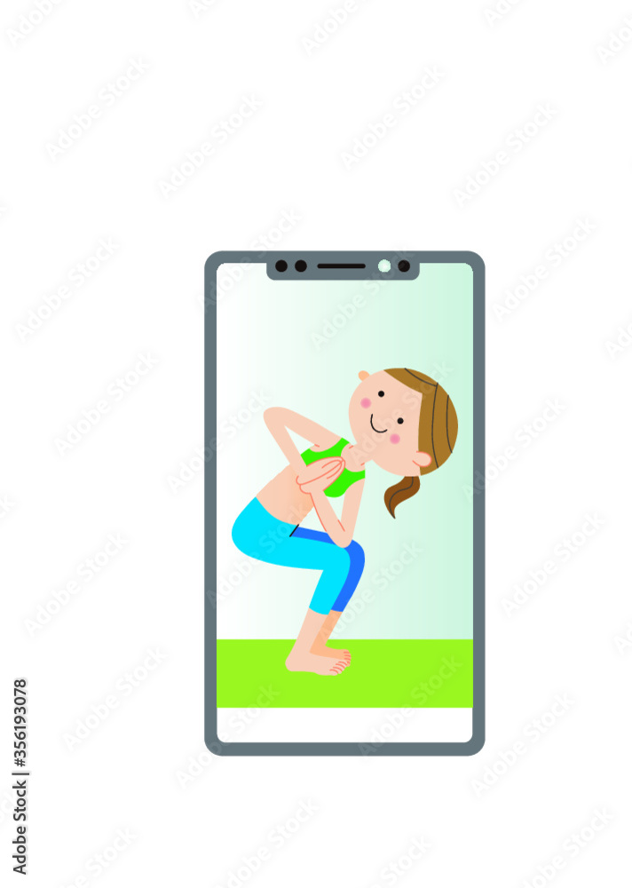 スマートフォンの画面に映ったパブリッタ・ウトカタ・アーサナ(ねじった椅子のポーズ)をする女性 スマートフォンの画面に映ったパブリッタ・ウトカタ・アーサナ(ねじった椅子のポーズ)をする女性