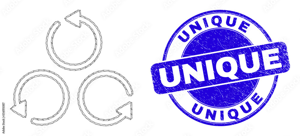 Web mesh different rotation pictogram and Unique seal stamp. Blue vector round scratched seal stamp with Unique title. Abstract carcass mesh polygonal model created from different rotation icon.