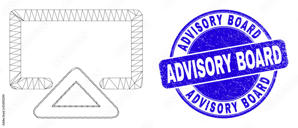 Obraz premium Web carcass display icon and Advisory Board seal. Blue vector rounded scratched seal with Advisory Board phrase. Abstract carcass mesh polygonal model created from display icon.