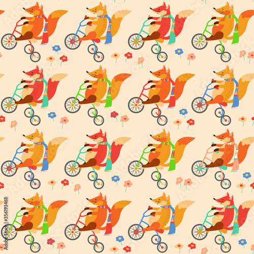 Seamless pattern with foxes on bicycles and flowers. Animalistic vector background. Can be used for wallpapers  pattern fills  textile  surface textures