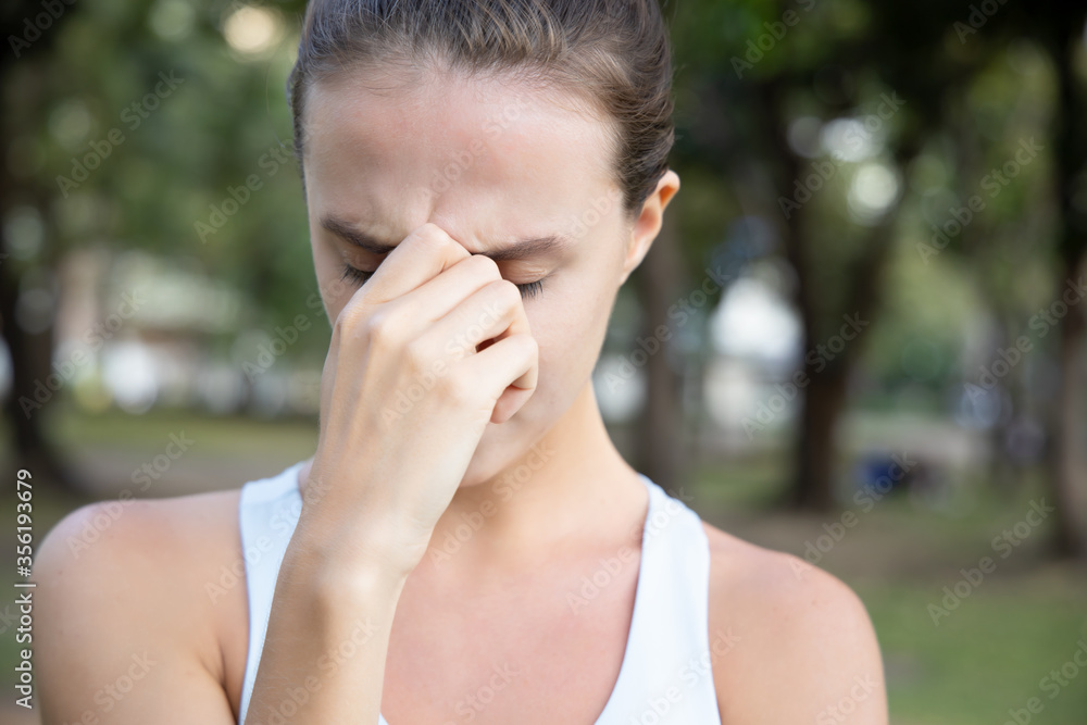 sick woman having headache, fever, pain sick woman having headache, fever, pain