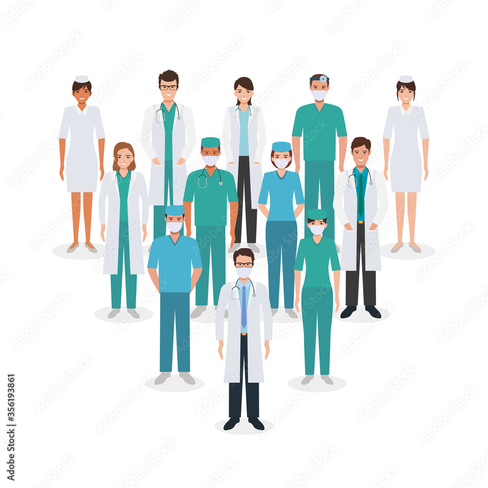 Group of doctor and nurse standing together to fight corona virus pandemic in flat icon design Group of doctor and nurse standing together to fight corona virus pandemic in flat icon design