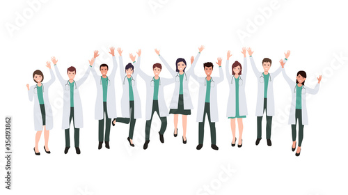 Group of happy doctor raising hand celebrating success after corona virus pandemic lock down quarantine is over in flat icon design