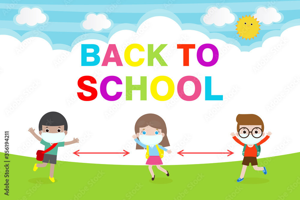 new normal lifestyle for Back to school, happy cute children wearing face mask and social distancing protect coronavirus 2019 nCoV or covid-19 illustration vector