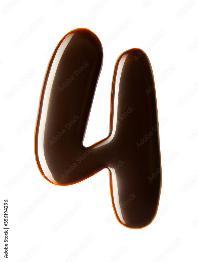 Number 4 made of chocolate syrup isolated on white background. Number four written by liquid chocolate, top view Number 4 made of chocolate syrup isolated on white background. Number four written by liquid chocolate, top view